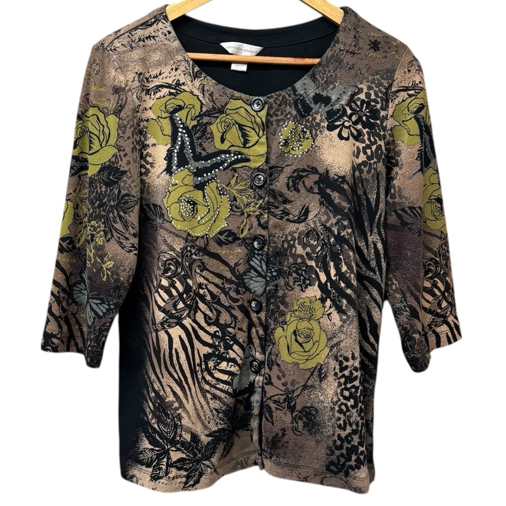 Animal print button down top with rhinestones, medium